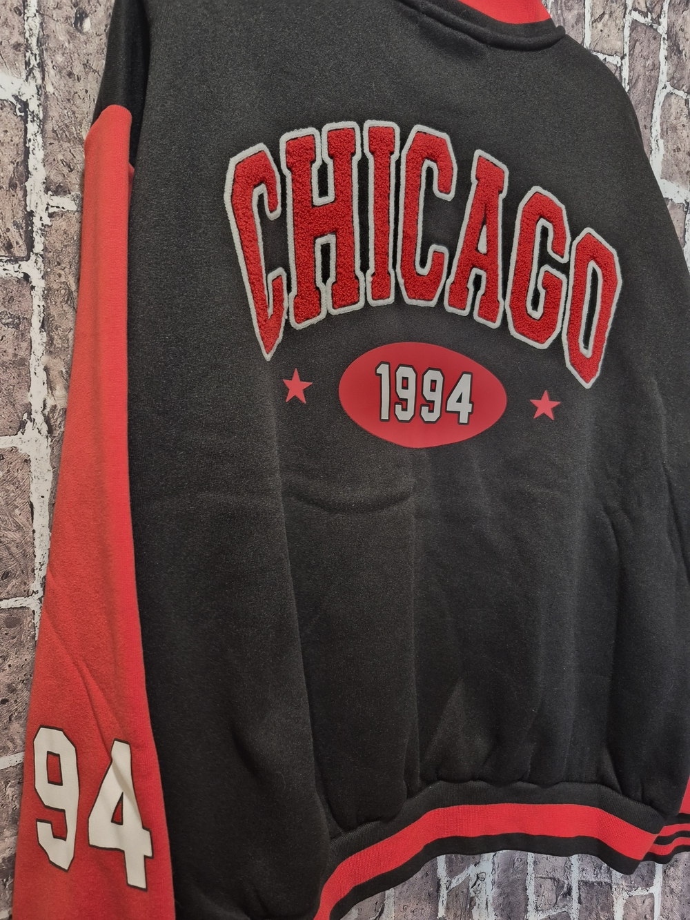 NWT Orange Kiss Chicago 1994 Varsity Bomber Jacket Black Red L - Picture 11 of 16